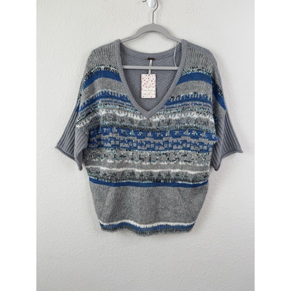Free People Gray and Blue V-Neck Sweater - Picture 3 of 9